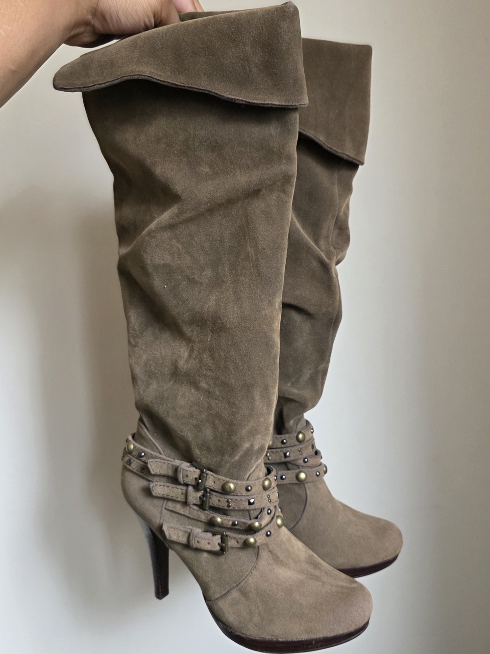 Bakers Taupe Suede Knee-High Buckle Booties